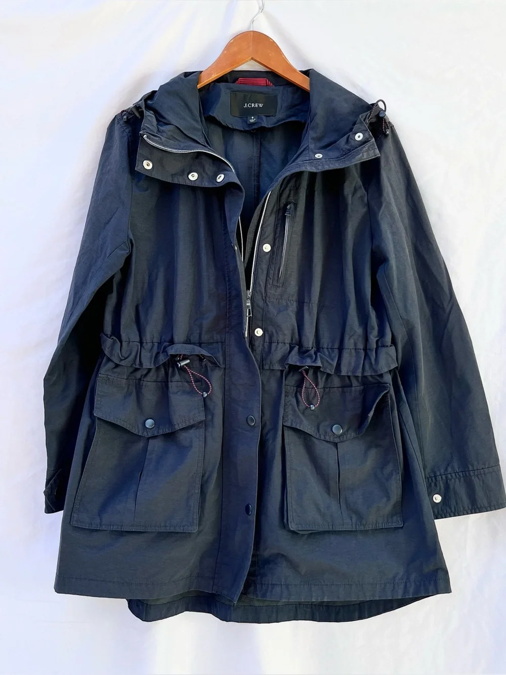 J.CREW | SMALL NAVY HOODED RAIN COAT JACKET ANORAK DRAWSTRING CORD WAIST